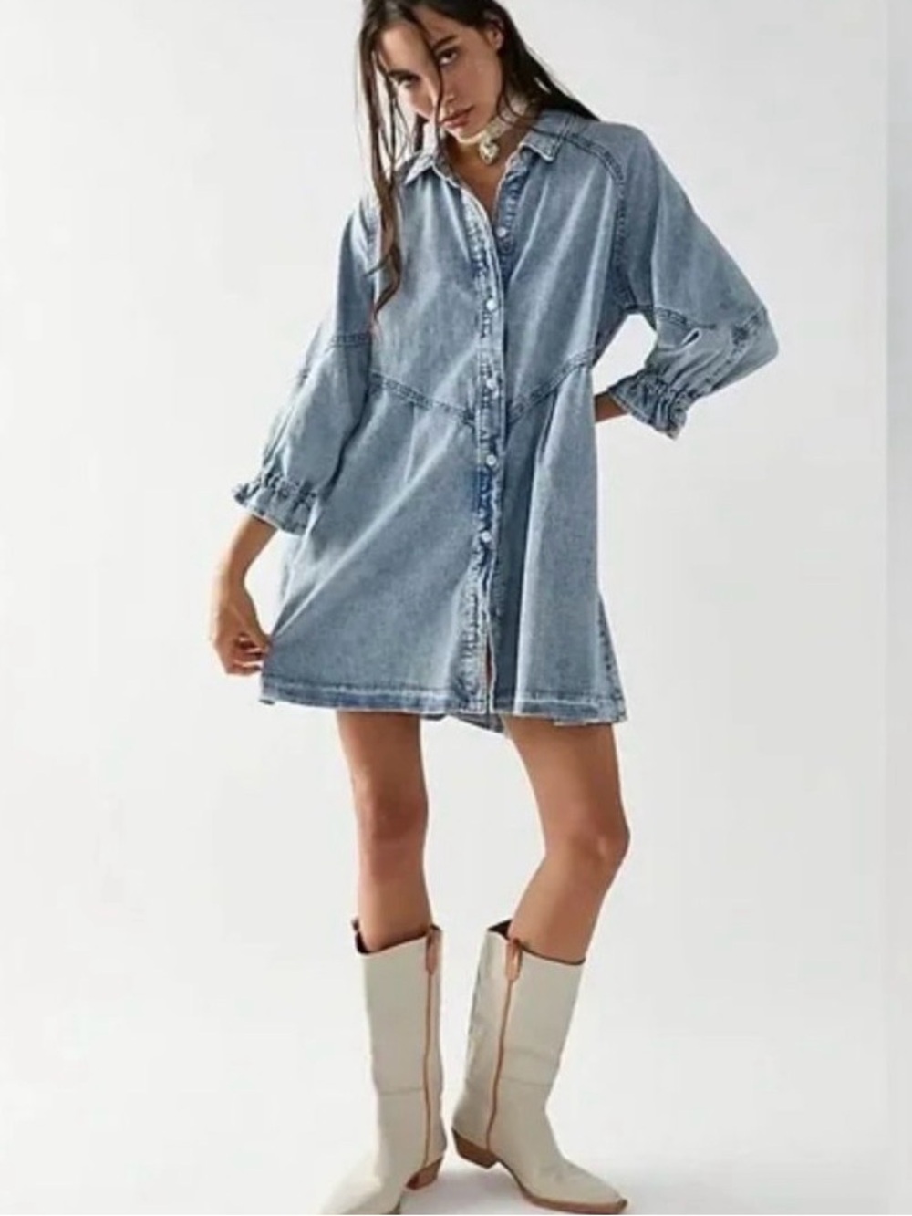 We the Free Hannah Denim mini dress buttondown, pockets, acid wash, Sz L